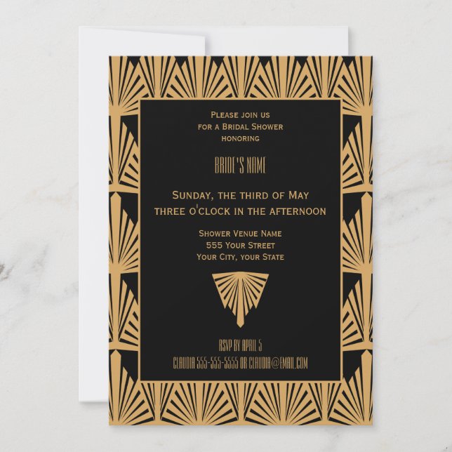 Invitación Ducha de novias con patrón oro y negro Art Deco (Anverso)
