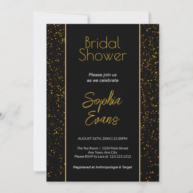 Invitación Ducha de novias con polka negro y dorado (Anverso)