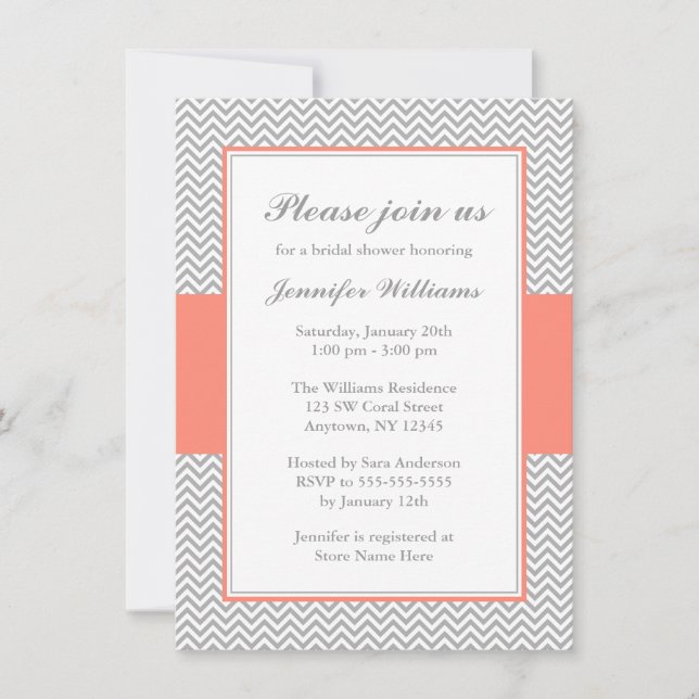 Invitación Ducha de novias Coral y Gris Chevron (Anverso)