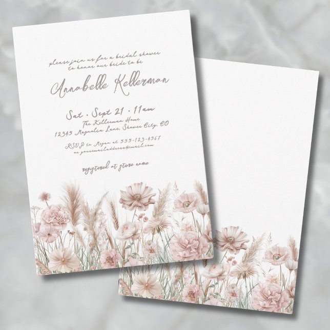 Invitación Ducha de novias de Boho floral Pampas Rosa Rubor (Blush Pink Pampas Floral Boho Bridal Shower Invitation )