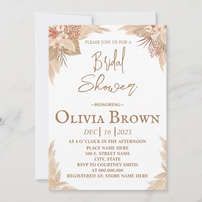 Invitación Ducha de novias de Boho Pampas (Anverso)
