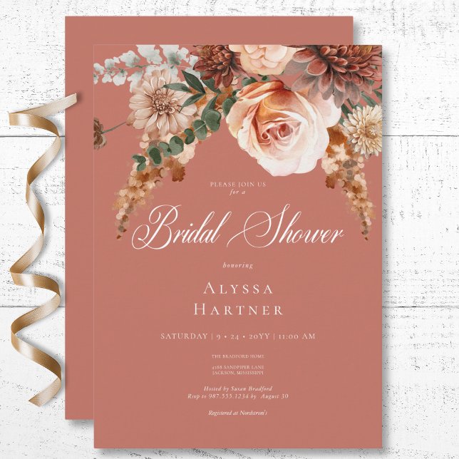 Invitación Ducha de Novias de Boho Peach y Rust Flust (Boho Peach & Rust Floral Rust Bridal Shower Invitation)