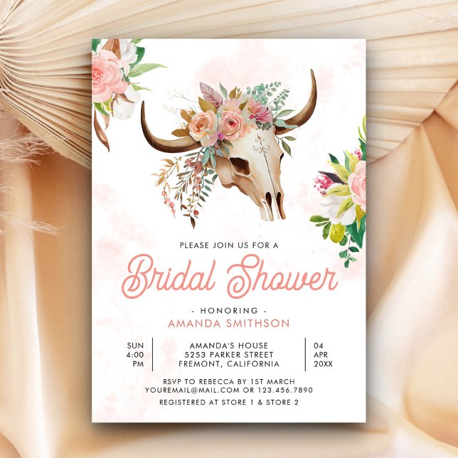 Invitación Ducha de novias de Boho Tribal Floral Cow Skull (Subido por el creador)