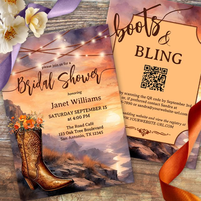 Invitación Ducha de novias de Boots rurales y occidentales (Watercolor bridal shower invitation featuring a cowboy boot and string lights outdoors - QR code)