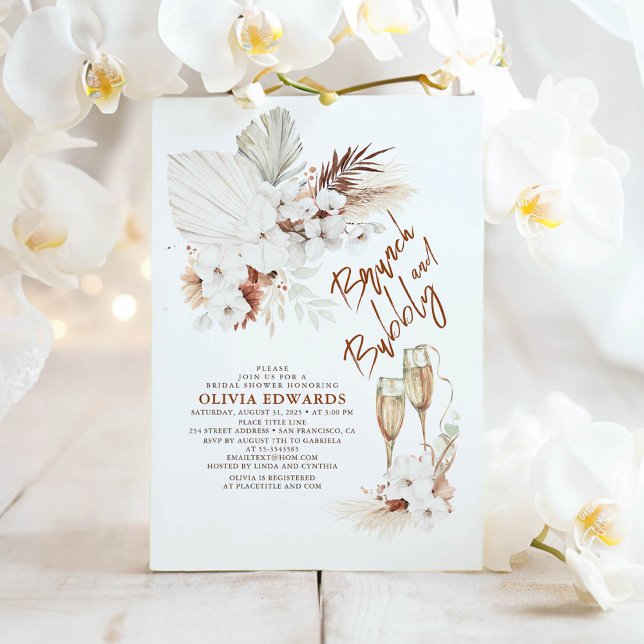 Invitación Ducha de novias de bronce y burbuja boho pampas (Brunch and Bubbly Boho Bridal Shower Invitations)