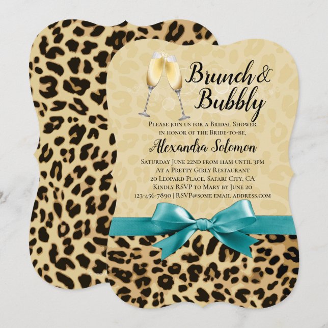 Invitación Ducha de novias de Brunch and Bubbly Leopardo turq (Anverso / Reverso)