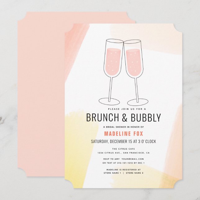 Invitación Ducha de novias de Brunéi y Bubbly Peach Champagne (Anverso / Reverso)