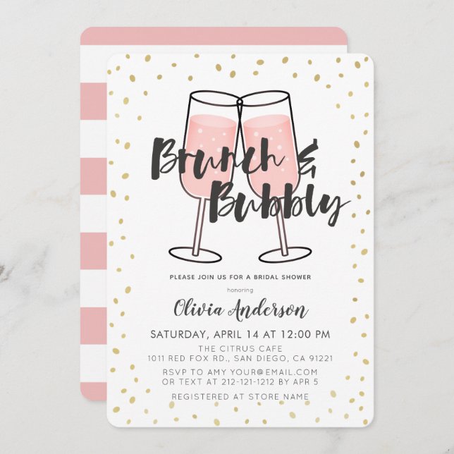 Invitación Ducha de novias de champán rosa de brunch y bubbly (Anverso / Reverso)