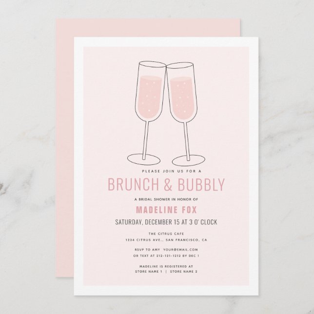 Invitación Ducha de novias de champán rosa de brunch y bubbly (Anverso / Reverso)
