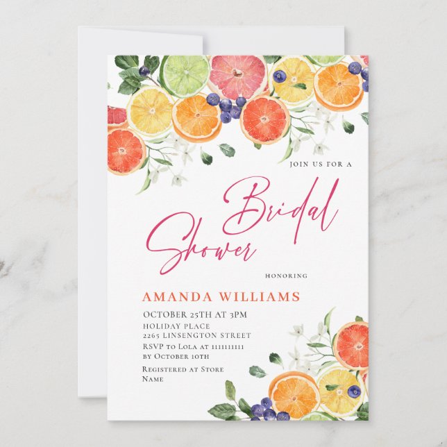 Invitación Ducha de novias de Cítricos Florales Brillantes Fe (Anverso)