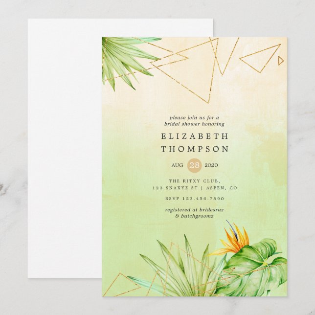 Invitación Ducha de novias de color geométrico tropical exóti (Anverso / Reverso)