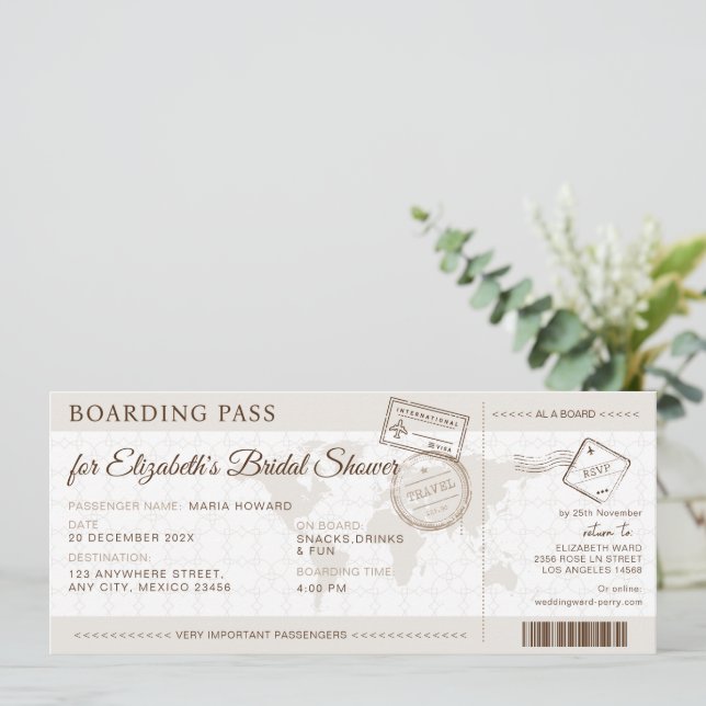 Invitación Ducha de novias de destino de Boho Boarding Pass (Anverso de pie)