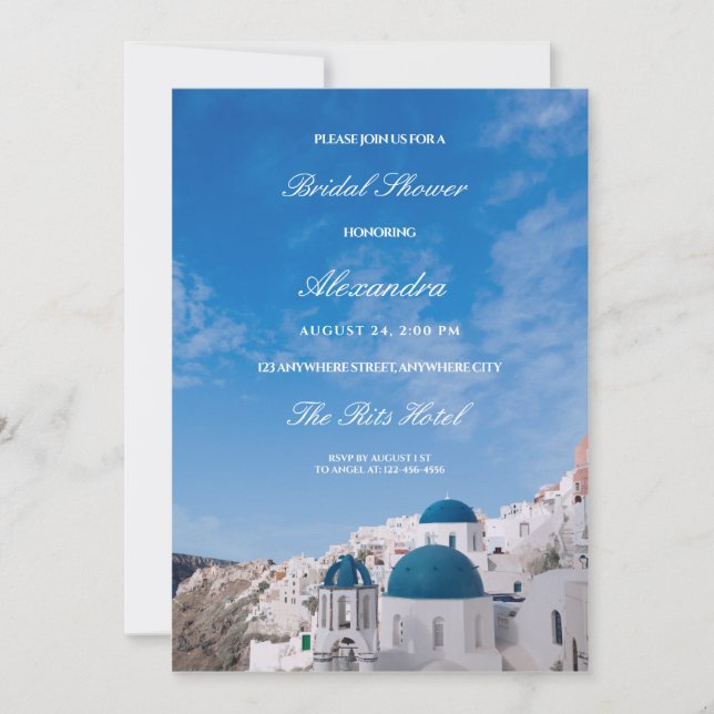 Invitación Ducha de novias de destino de Santorini (Anverso)