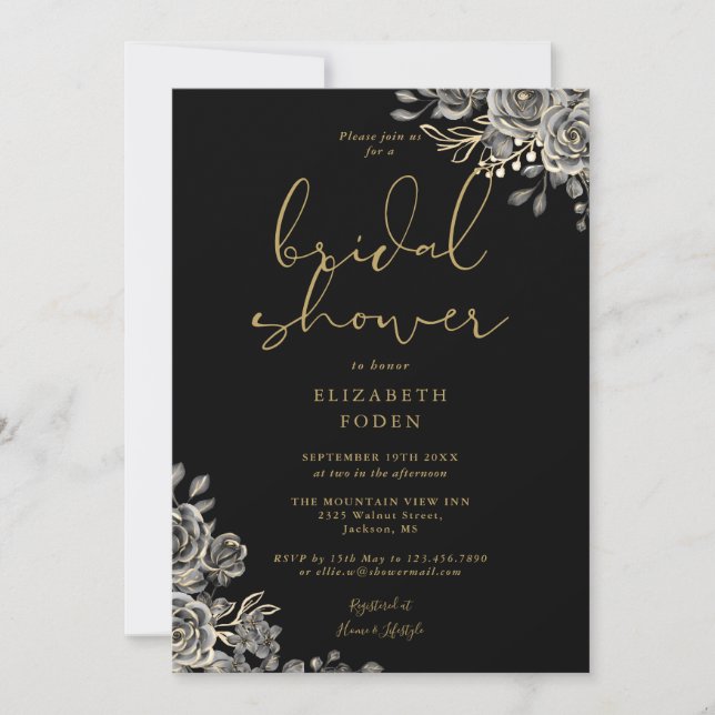 Invitación Ducha De Novias De Flor Gótica Negra Y Oro (Anverso)