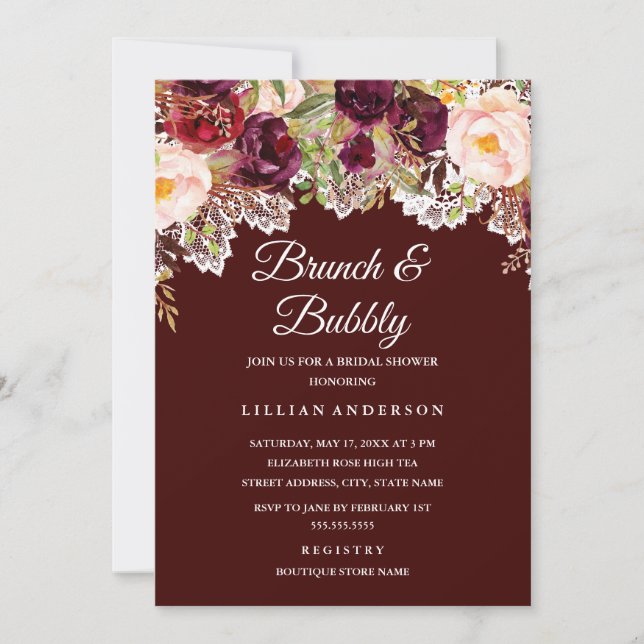 Invitación Ducha De Novias De Flores De Borgoña Y Brunéi (Anverso)