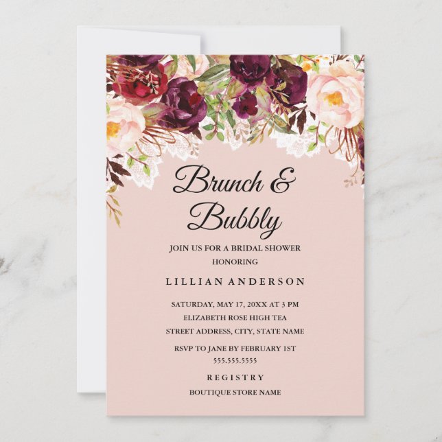 Invitación Ducha De Novias De Flores De Borgoña Y Brunéi (Anverso)
