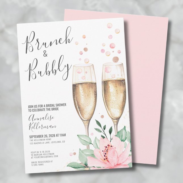 Invitación Ducha De Novias De Flores Rosadas De Brunéi Y Rubo (Brunch And Bubbly Blush Pink Floral Bridal Shower Invitation)