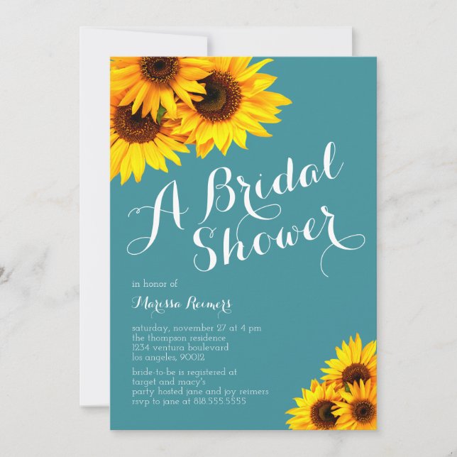 Invitación Ducha de novias de girasoles verde azulados y amar (Anverso)