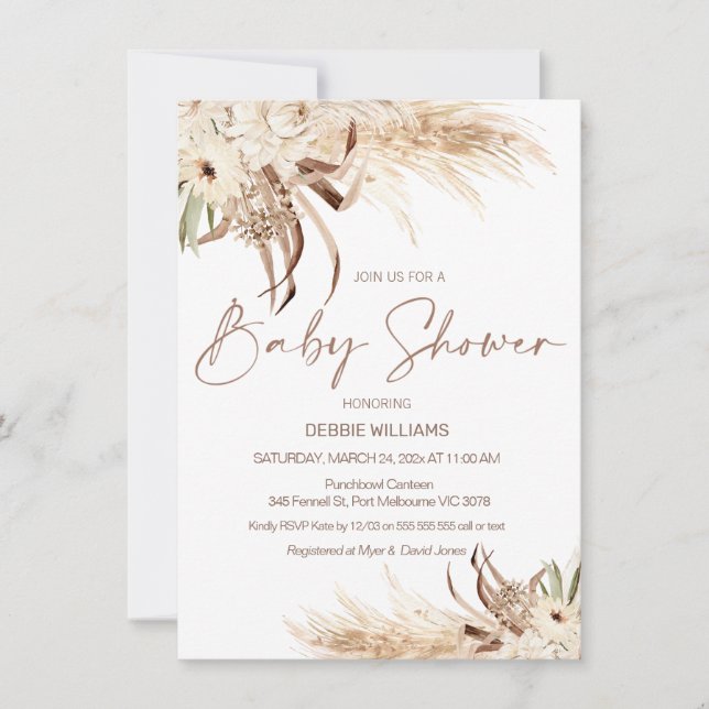 Invitación Ducha de novias de gramaje Beige Brown Pampas (Anverso)