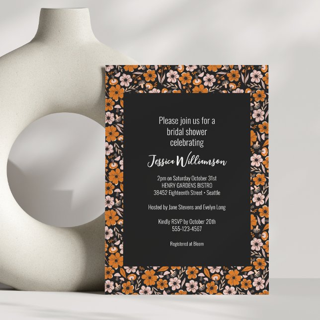Invitación Ducha de novias de Halloween floral negra y Naranj (Subido por el creador)