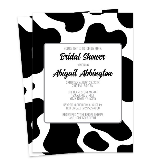 Invitación Ducha de novias de impresión de vaca (Cow Print Bridal Shower Invitation at Artistically Invited on Zazzle. )