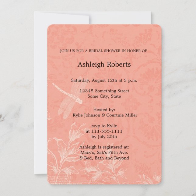 Invitación Ducha de novias de la libélula floral Peach (Anverso)
