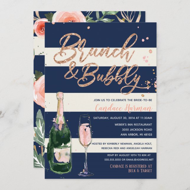 Invitación Ducha de novias de la Marina Rosa de Brunch & Bubb (Anverso / Reverso)
