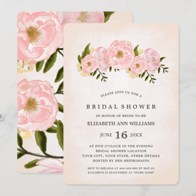 Invitación Ducha de novias de los peones rosados de Rubor (Anverso / Reverso)