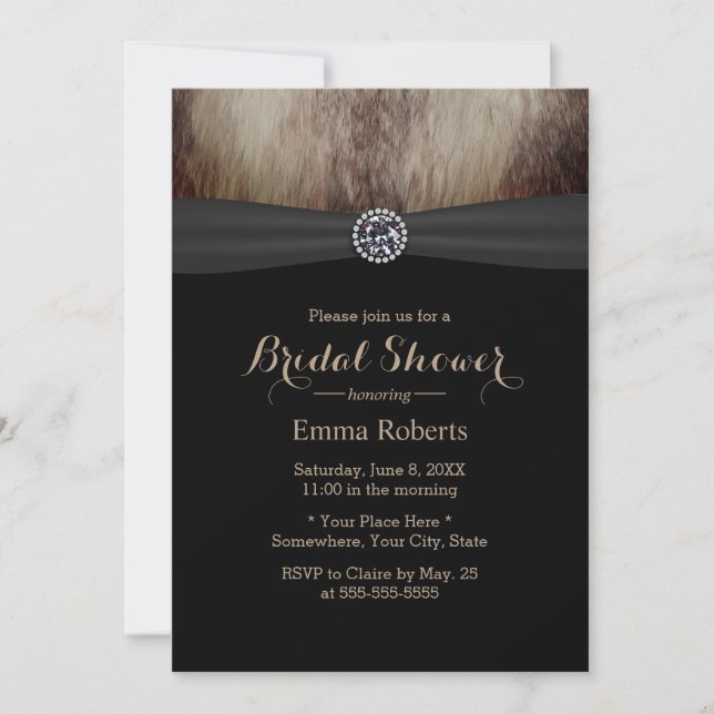 Invitación Ducha de novias de lujo Diamante & Faux Fox Fur (Anverso)