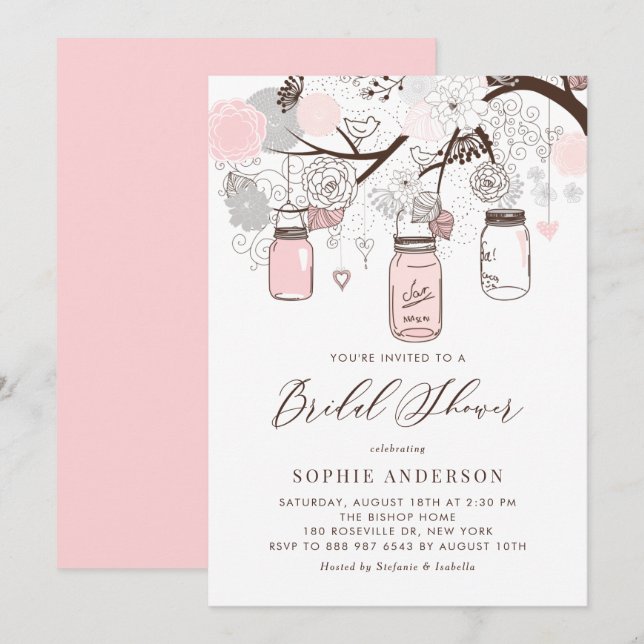 Invitación Ducha de novias de mason gris y rosa claro (Anverso / Reverso)