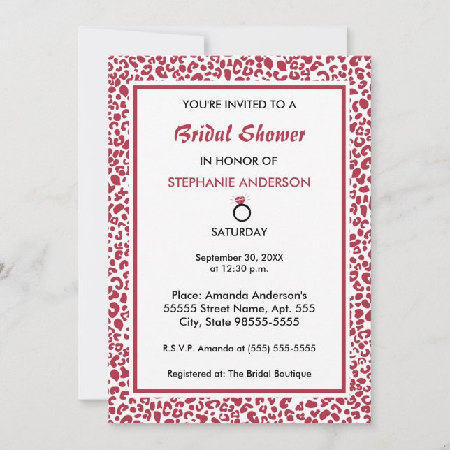 Invitación Ducha de novias de moda en Leopardo rojo y blanco (Anverso)