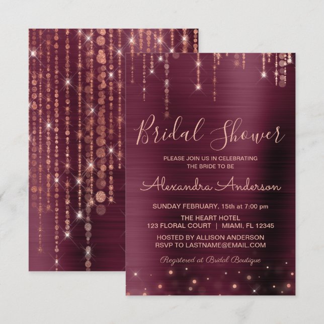 Invitación Ducha de novias de oro de Borgoña y Rosa (Anverso / Reverso)
