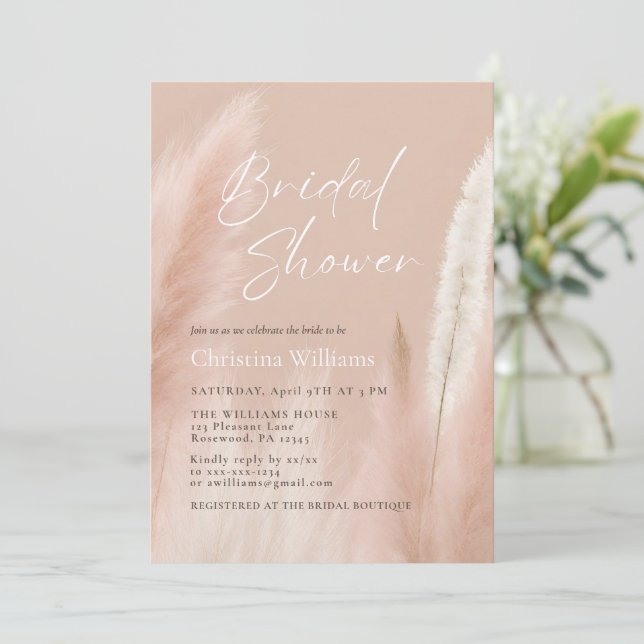 Invitación Ducha de novias de pampas rosadas modernas (Anverso de pie)