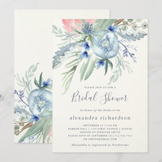 Invitación Ducha de novias de peones azules y rosas (Anverso / Reverso)
