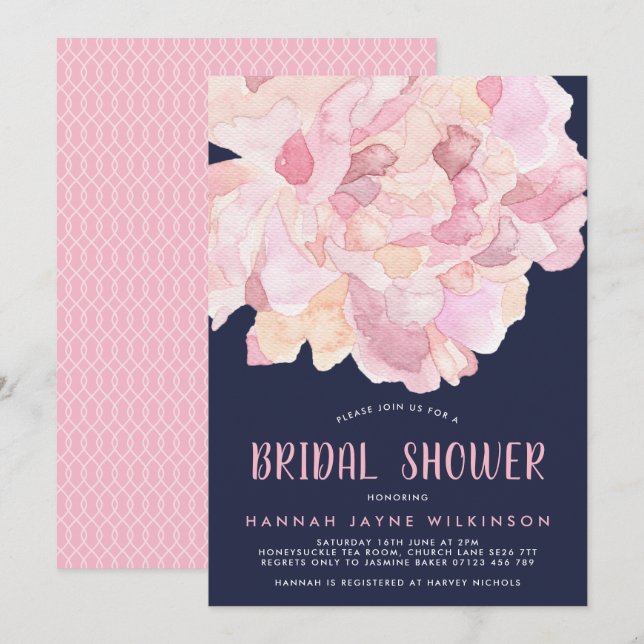 Invitación Ducha de novias de peonia marina y acuarela rosa (Anverso / Reverso)
