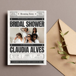 Invitación Ducha de novias de periódico blanco y negro