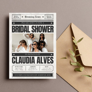 Invitación Ducha de novias de periódico blanco y negro
