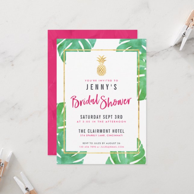 Invitación Ducha de novias de piña rosa y oro tropical (Anverso/Reverso In Situ)