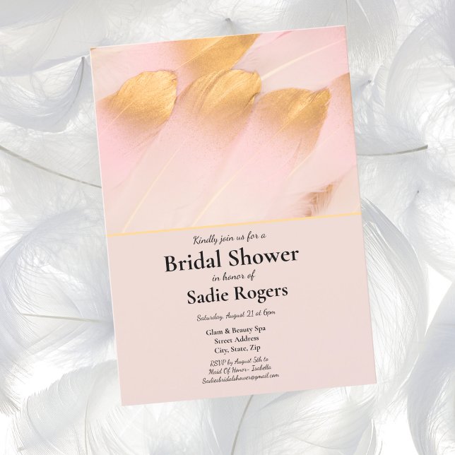 Invitación Ducha de novias de plumas rosadas y de oro (Subido por el creador)