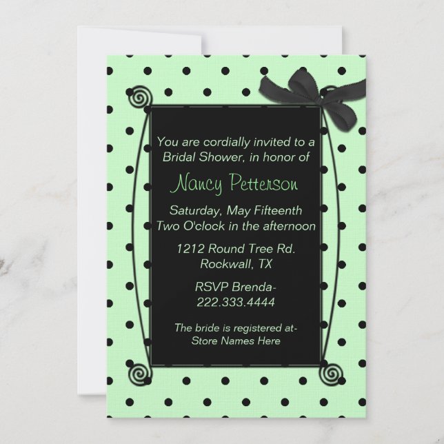 Invitación Ducha de novias de polka verde y negro bonito (Anverso)