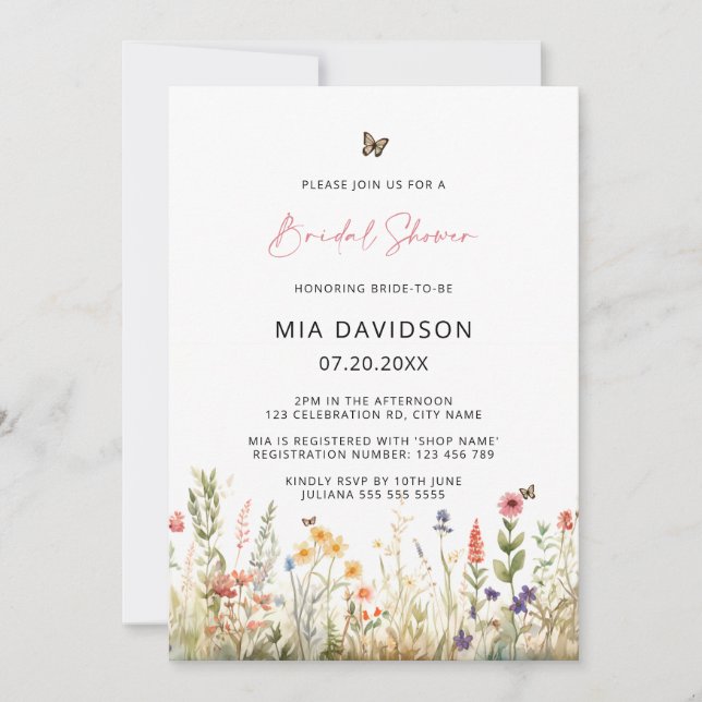 Invitación Ducha de novias de primavera de flores silvestres (Anverso)