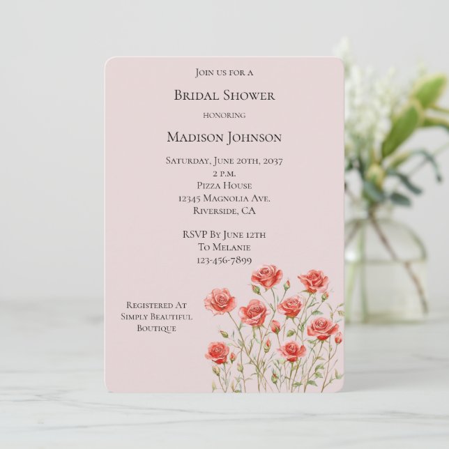 Invitación Ducha de novias de rosas rojas rosadas de Rubor (Anverso de pie)