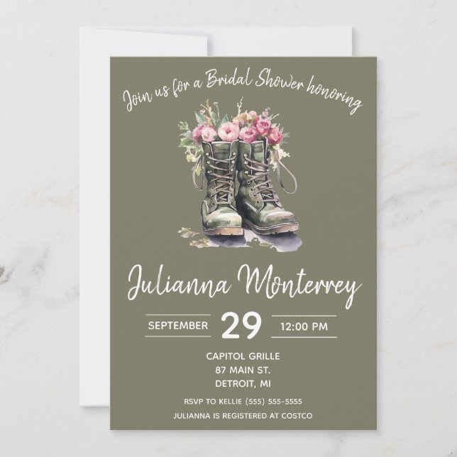 Invitación Ducha de novias de temática militar, botes, flores (Anverso)