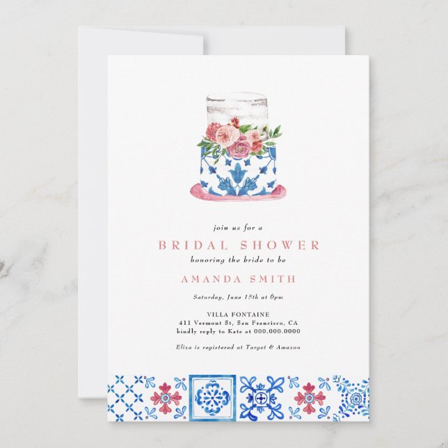 Invitación Ducha de novias de torta floral rosa de mosaico me (Anverso)