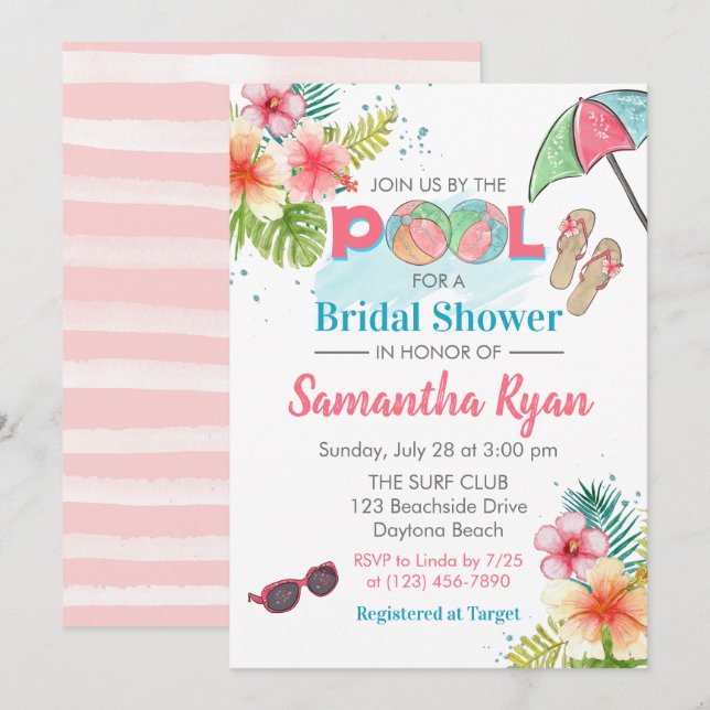 Invitación Ducha de novias de verano tropical junto a la pisc (Anverso / Reverso)