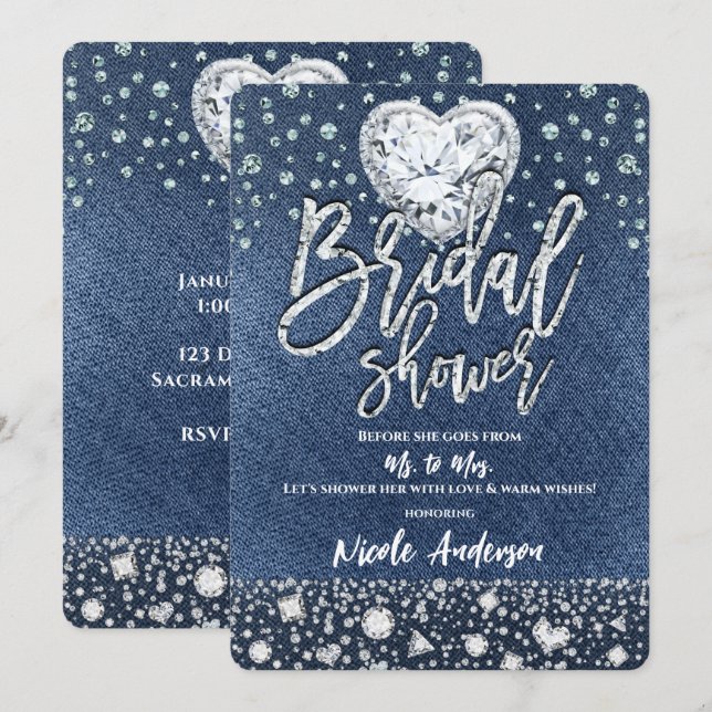 Invitación Ducha de novias Denim & Bling Diamonds Heart (Anverso / Reverso)