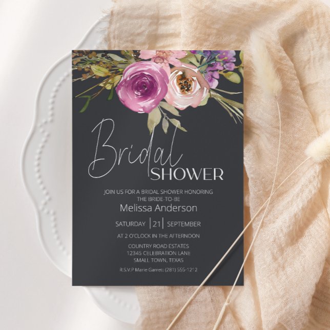 Invitación Ducha de novias Dusty Púrpura Púrpura Floral Carbó (Subido por el creador)