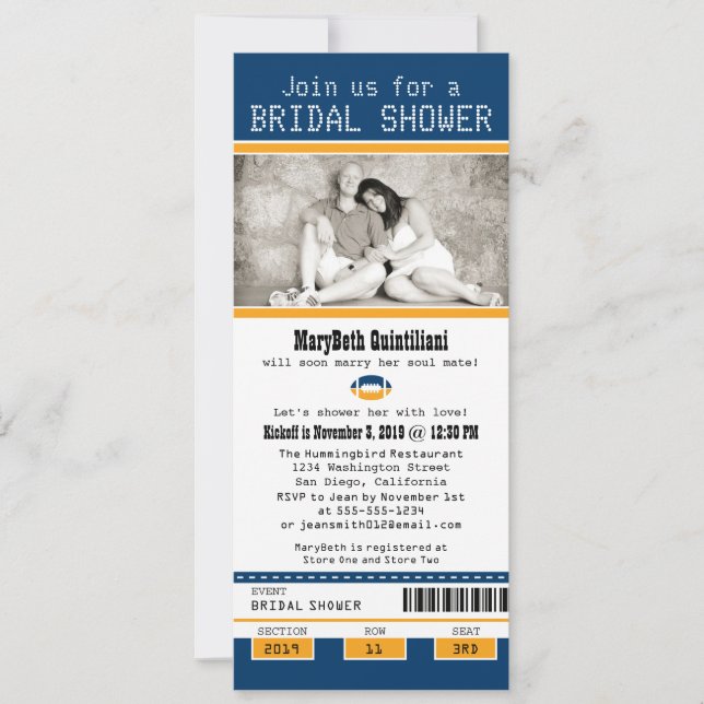 Invitación Ducha de novias en boletos de fútbol azul y oro (Anverso)