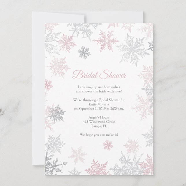 Invitación Ducha de novias en invierno con copas de nieve ros (Anverso)