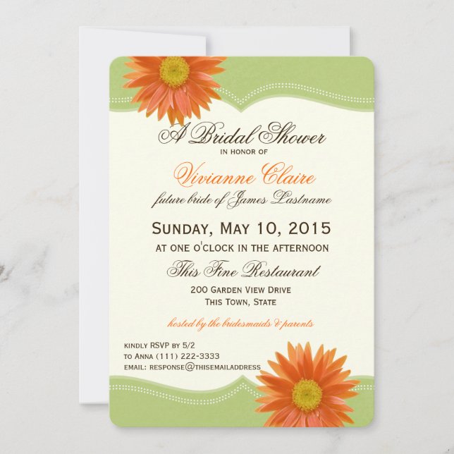 Invitación Ducha de novias en primavera verde y Naranja (Anverso)